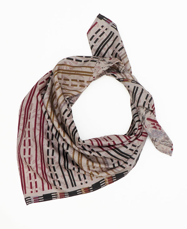 grey vintage silk square scarf featuring multi-colored stripes created using sustainably sourced saris