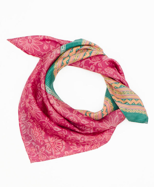 pink floral vintage silk square scarf featuring teal stripes created using sustainably sourced saris