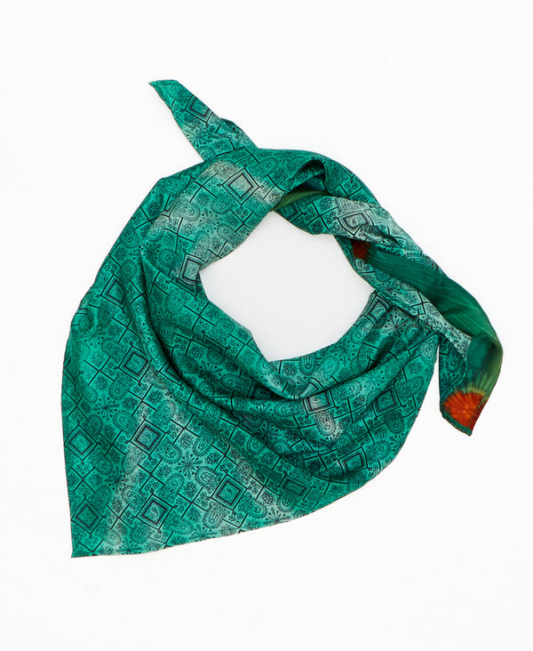 teal vintage silk square scarf featuring geometric shapes created using sustainably sourced saris