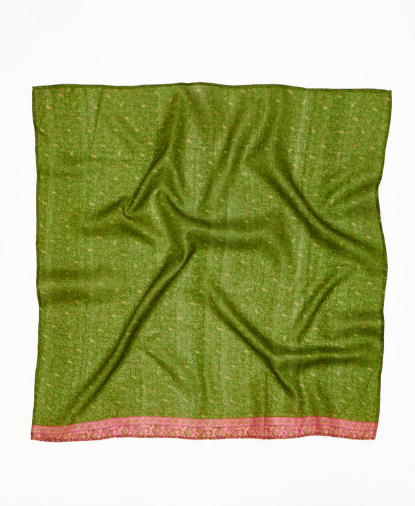 Green and pink paisley vintage silk square scarf handmade by women artisans using upcycled saris