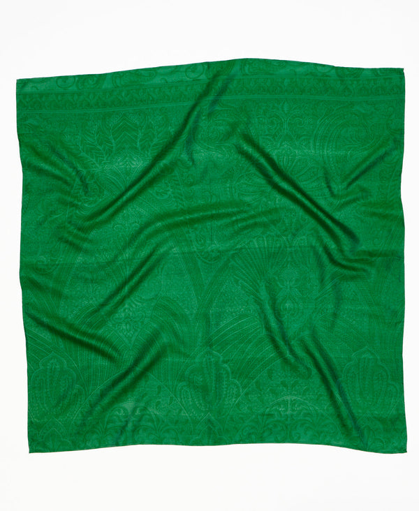 Green traditional vintage silk square scarf handmade by women artisans using upcycled saris
