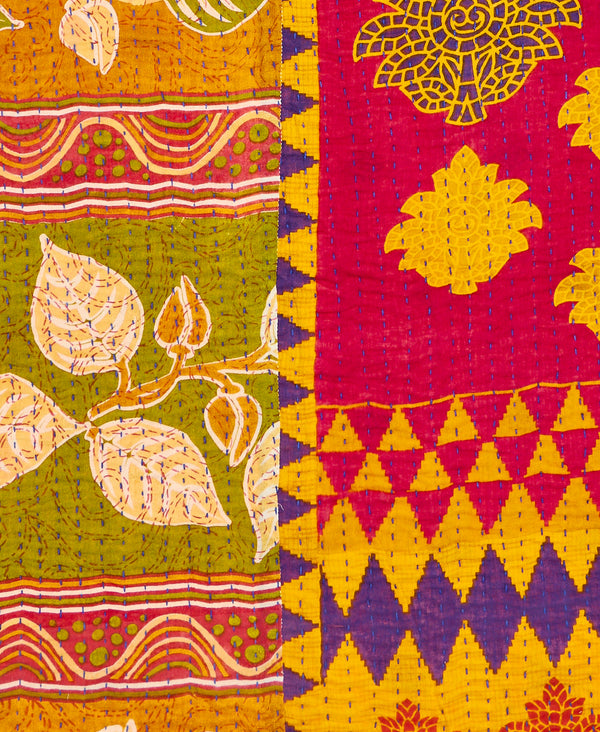 yellow stamp print sustainably made kantha quilt throw 