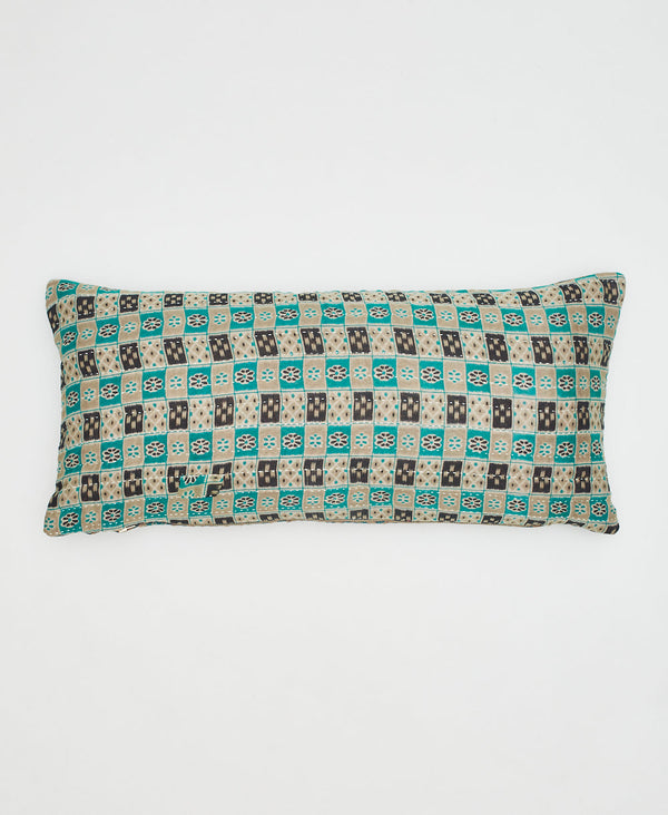 beige, teal, and black checkered lumbar pillow