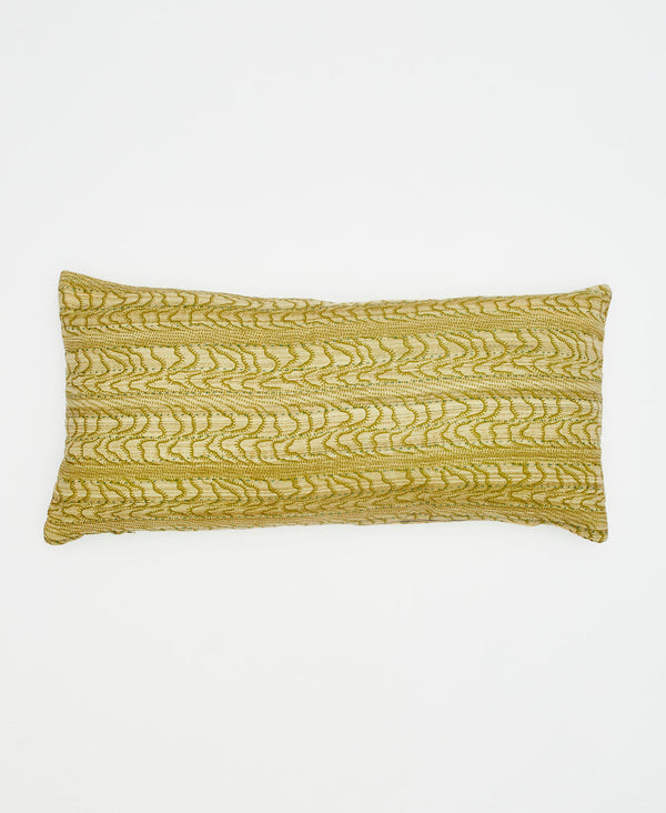 Green vintage cotton lumbar pillow crafted using repurposed vintage cotton saris 