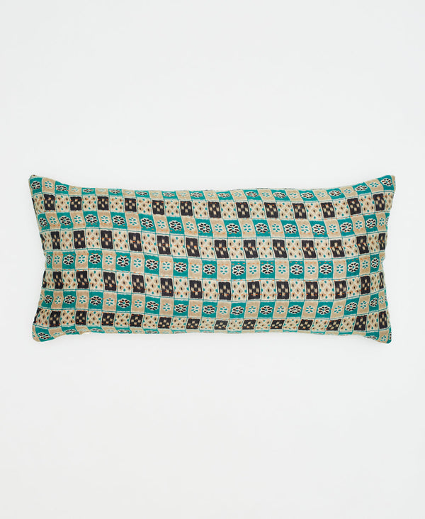 Blue and teal check eco friendly lumbar pillow created using repurposed vintage cotton saris 