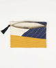modern colorblock pouch clutch with mustard yellow, slate blue and ivory with zippered tassel pull