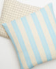 blue and ivory striped throw pillow with modern grid patterned throw pillow hand-made by women artisans in Ajmer, India