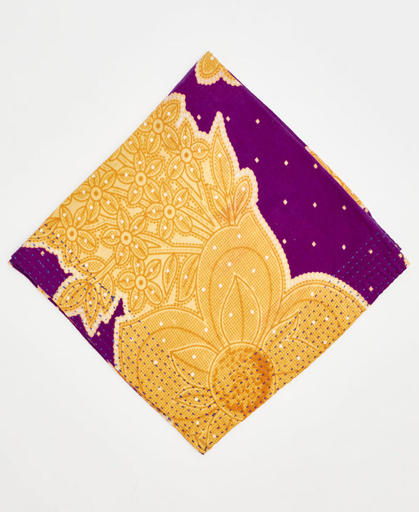 bright purple vintage cotton bandana with giant gold flowers and traditional kantha stitching along the edges