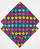 two navy, teal, pink, and yellow checkered bandanas stacked on top of each other to show the difference in thread colors. one has white kantha stitching along its edges while the other has yellow