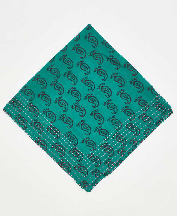 dark teal cotton bandana with black paisleys and pink traditional kantha stitching along its edges