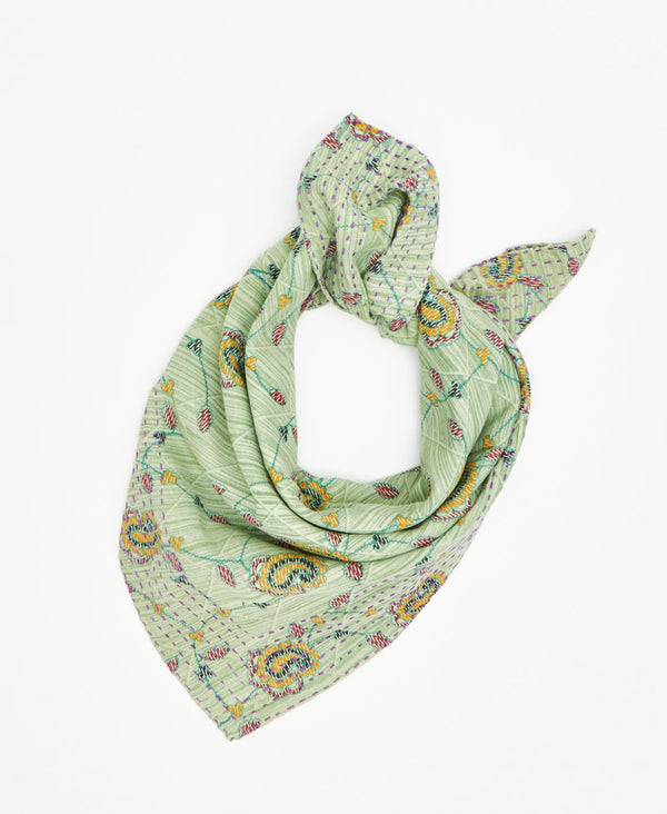 green floral fair trade bandana handmade by women artisans using 2 layers of upcycled vintage cotton saris