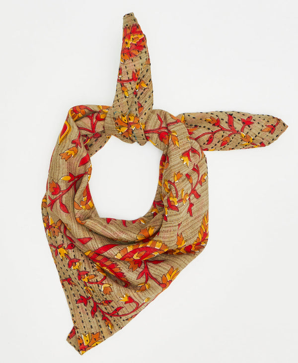 brown, red, and orange floral fair trade bandana handmade by women artisans using 2 layers of upcycled vintage cotton saris