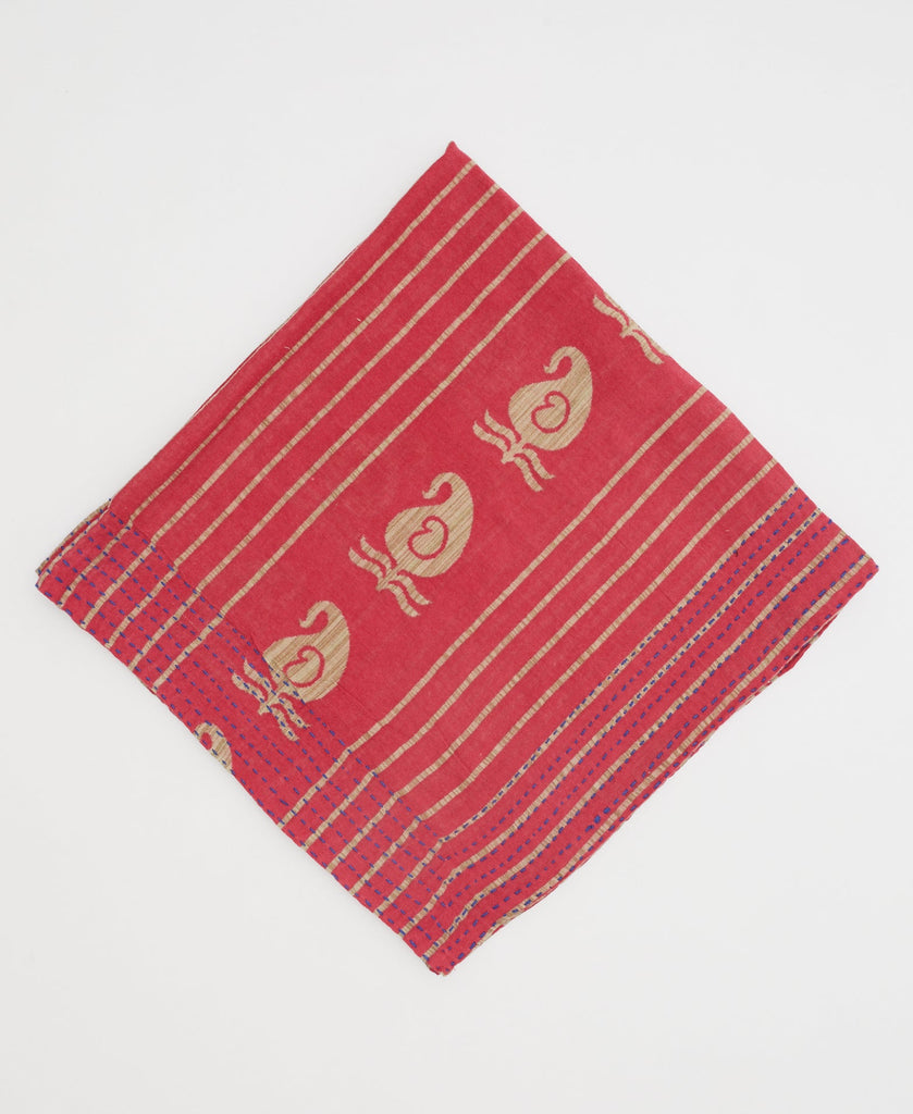 Hand stitched vintage cotton bandana featuring blue kantha stitching 