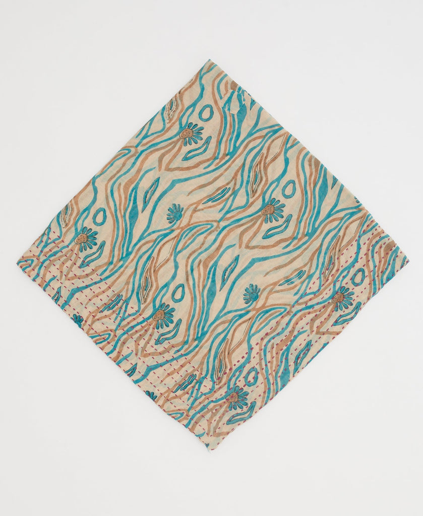 beige bandana with brown and teal swirls and flowers and pink kantha stitching