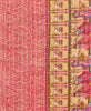 cotton infinity scarf features beige paisleys on a red background and an intricate scene of women dancing in red, purple, and pink dresses in a great hall with columns and stitched using neon yellow thread