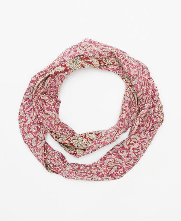 pink infinity scarf made by women artisans using the traditional kantha stitch