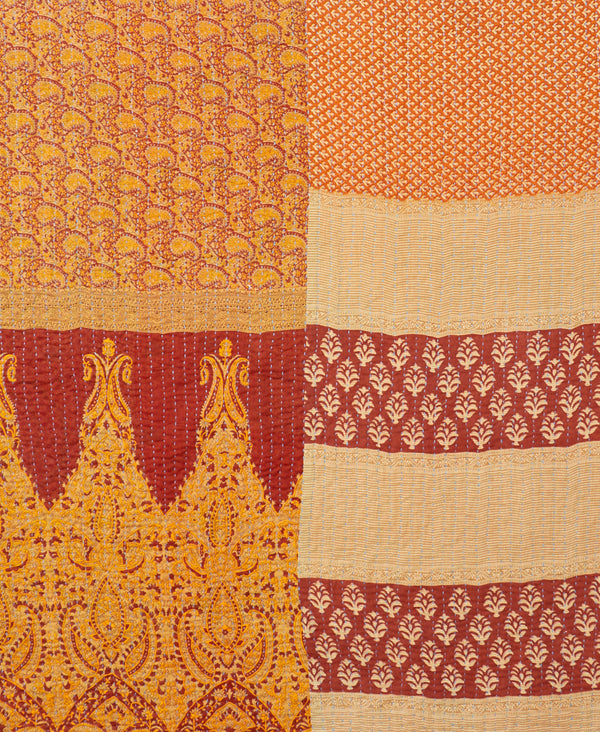 orange paisley Kantha quilt throw made of recycled vintage saris