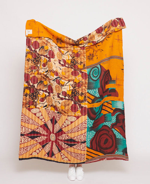Handmade large quilt throw created using upcycled vintage saris 
