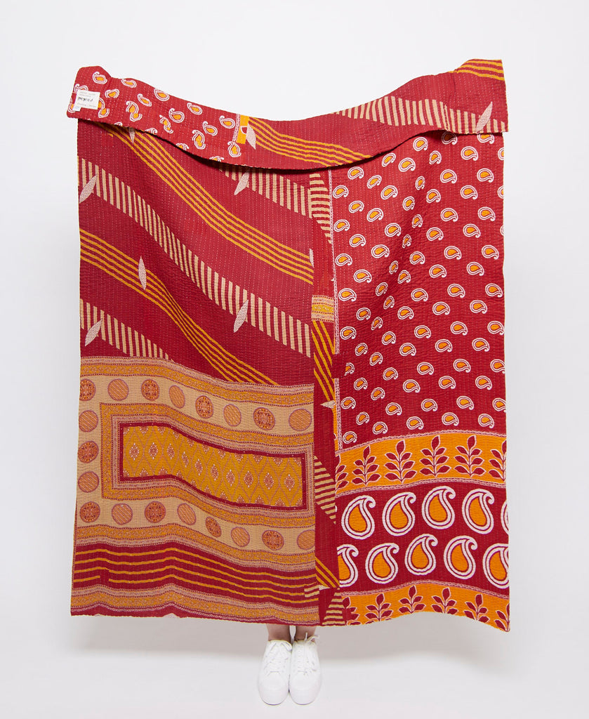 orange geometric artisan made kantha quilt throw  