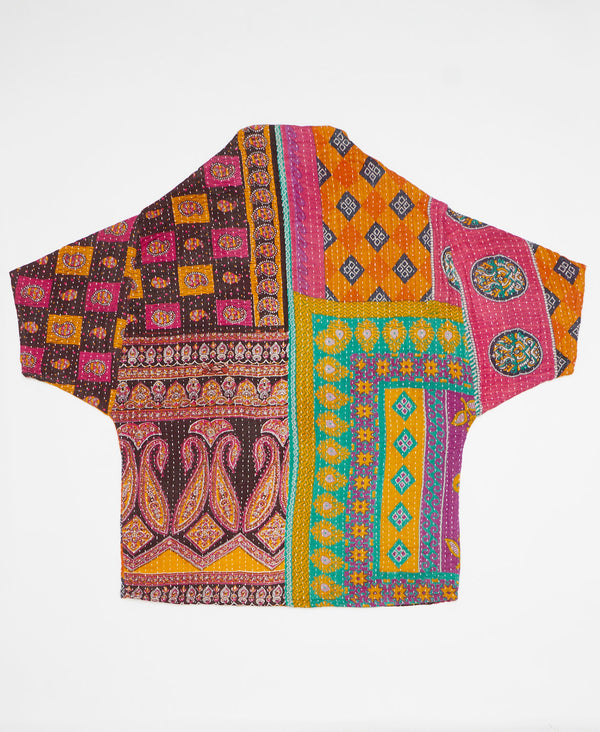 Pink and orange abstract print artisan-made cocoon jacket featruing Kantha stitching 
