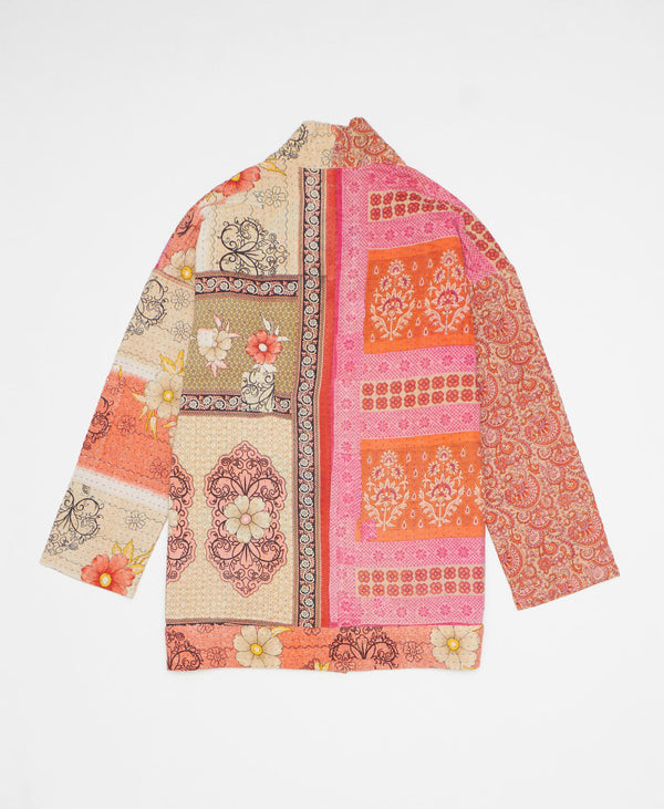 Orange, pink, and beige floral print artisan-made jacket created with upcycled vintage saris 