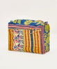 Cotton toiletry bag featuring white kantha stitching and a front zippered pocket 