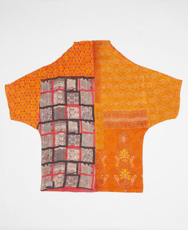 Yellow and red abstract print artisan-made cocoon jacket featruing Kantha stitching 