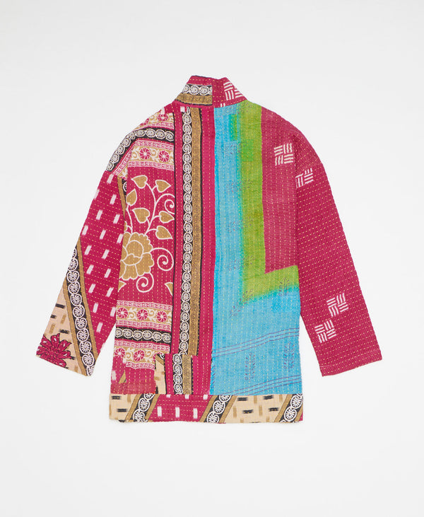 Colorful abstract print artisan-made jacket created with upcycled vintage saris 