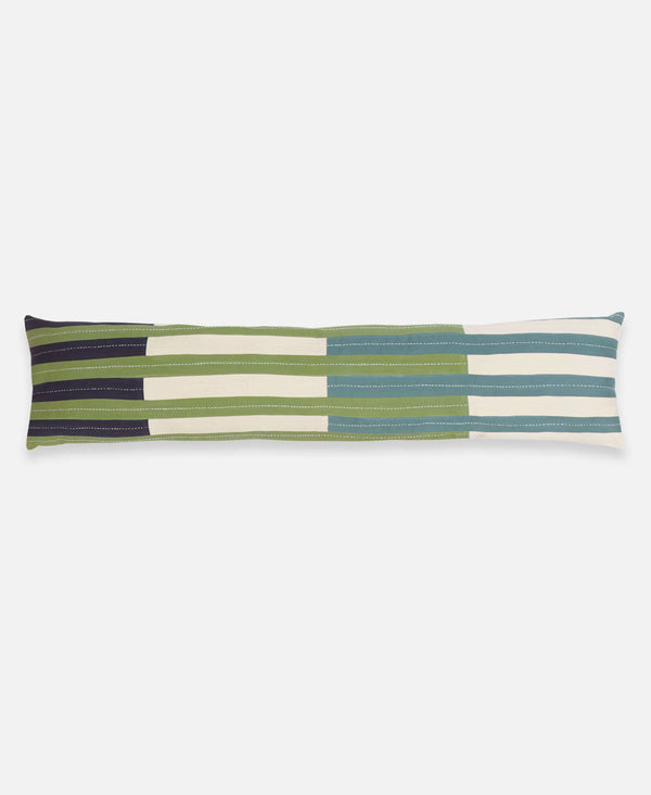 extra long bolster pillow for bed in patchwork modern green and navy pattern