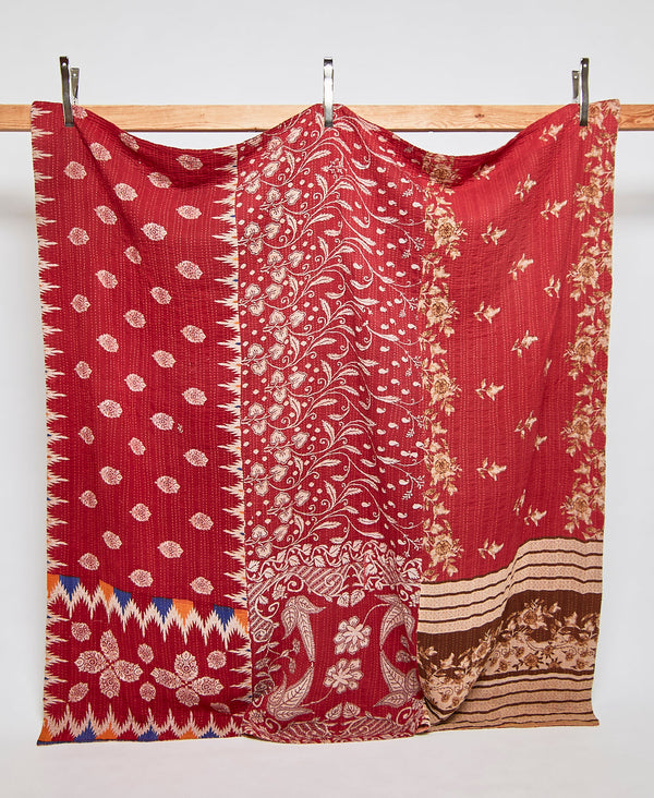 red handmade vintage cotton queen quilt 