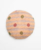 Orange and blue faded striped round vintage kantha throw pillow with a red and green stamp pattern 