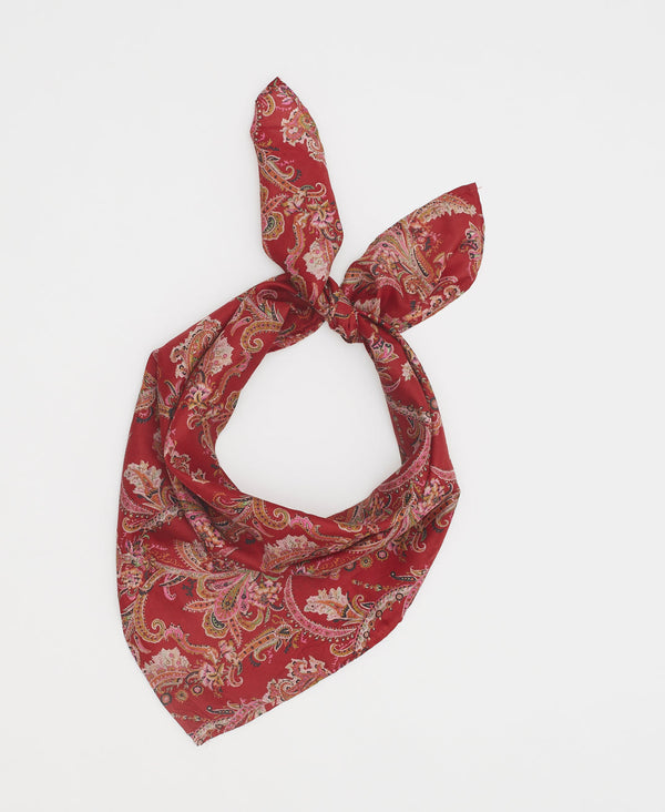 burgundy silk square scarf featuring a paisley pattern 