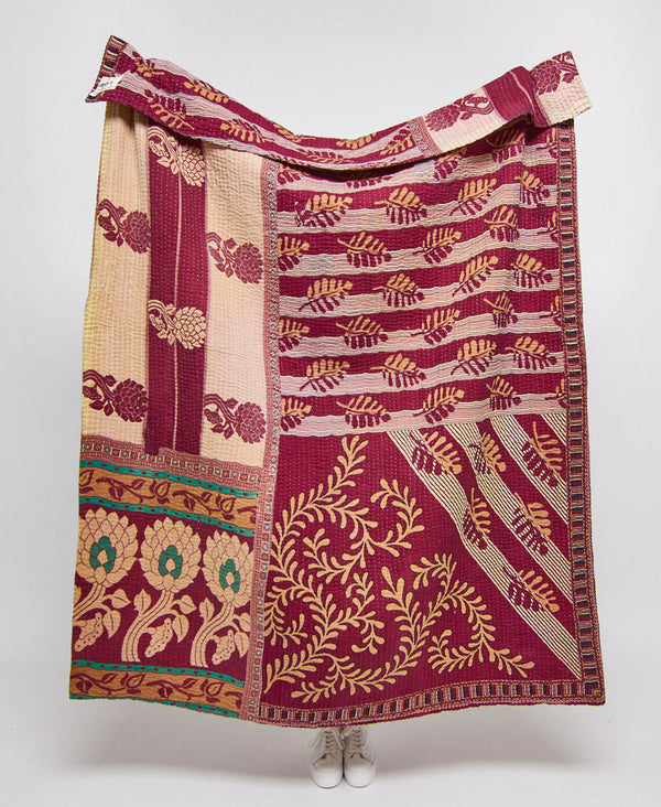 red and tan cotton throw blanket handmade using recycled vintage saris