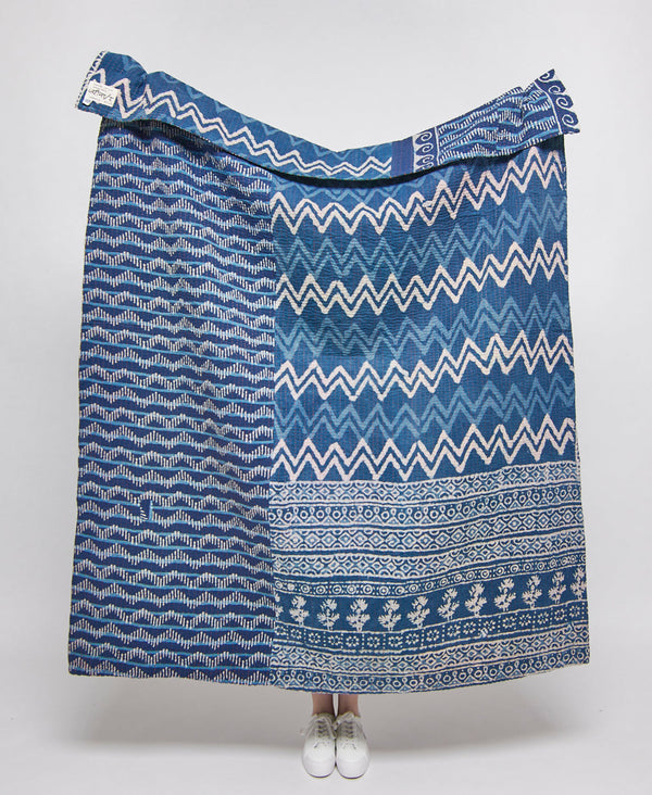 blue and white chevron throw blanket made of recycled vintage saris 