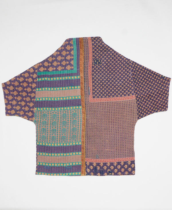 Deep purple and beige artisan-made cocoon jacket featruing Kantha stitching 