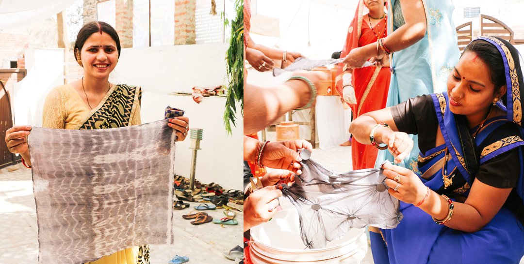 Anchal artisans displaying and working on naturally dyed grey bandanas