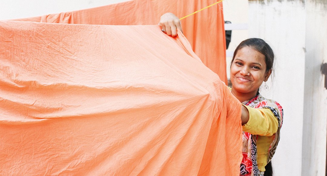 Anchal artisan hanging coral fabric created by using sustainable production practices