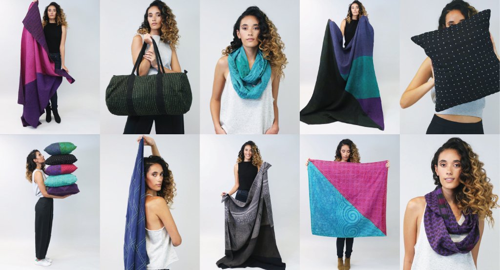 Ten photos showcasing pieces from Anchal's new collection of overdyed Kantha throws, pillows, duffels, and scarves