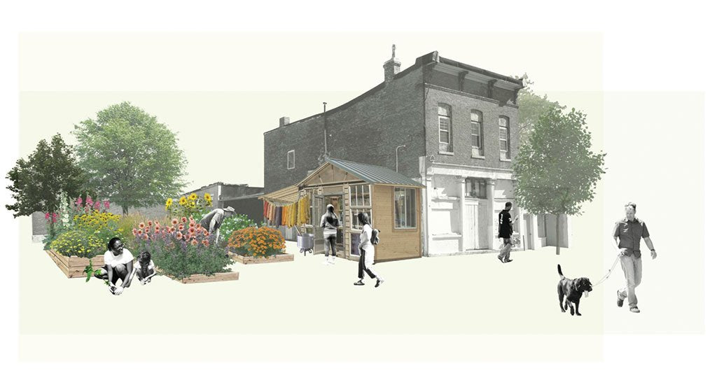 illustration of Anchal's project, dyeScape showcasing a garden with multiple types of flowers, people, and their building