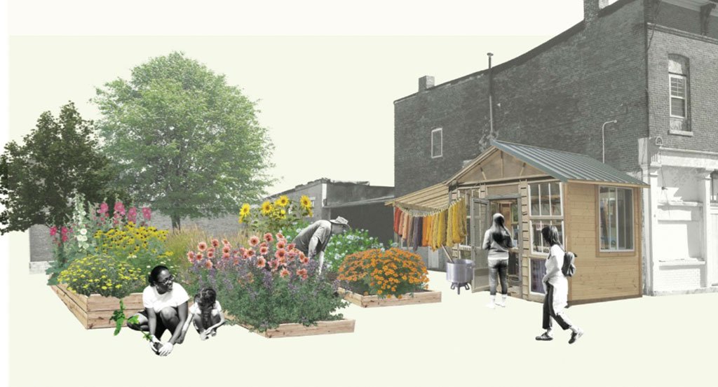 Illustration of Anchal's project, dyeScape showcasing a garden with multiple types of flowers, people, and their building