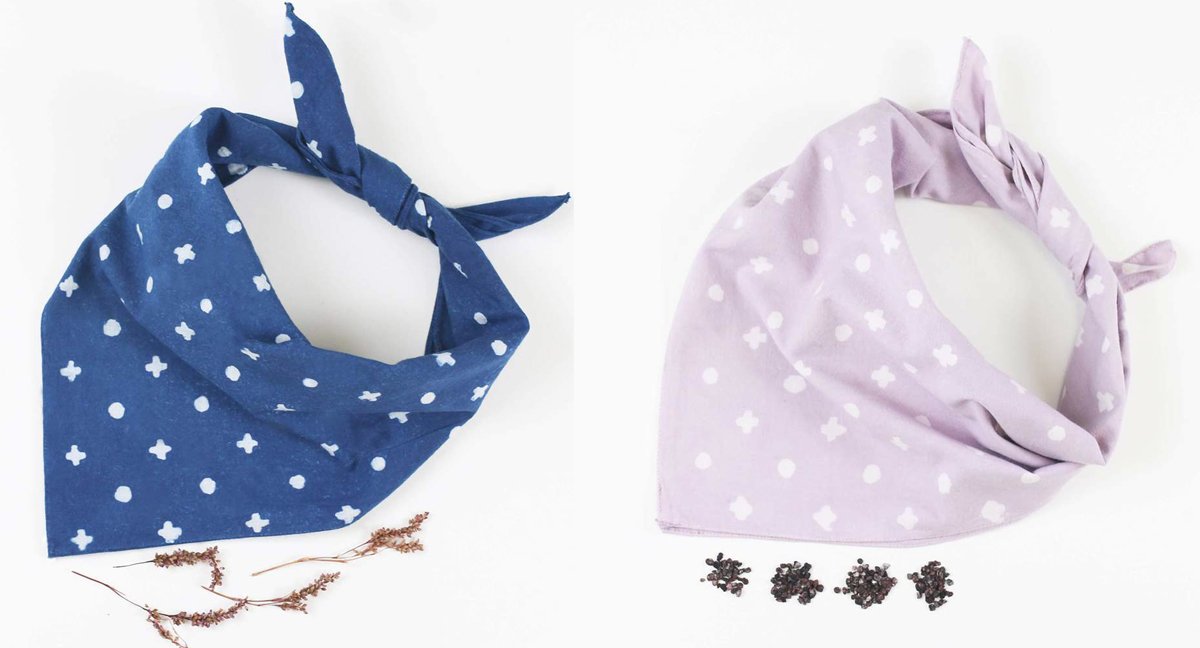 Two naturally dyed and hand printed Anchal bandanas in lilac and dark blue