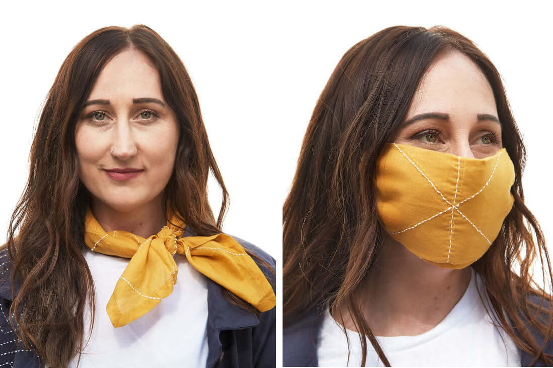 Anchal Mustard Grid Bandana folded to become a face mask