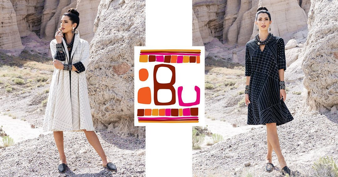 Pieces from Anchal's collaboration with IBU being modeled, featuring a hand stitched dress and coordinating shawl jacket