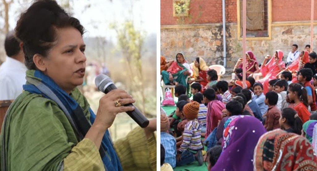 Two photos, one of a woman speaking into a microphone about international women's day. The other, a crown of women gathered to celebrate international women's day