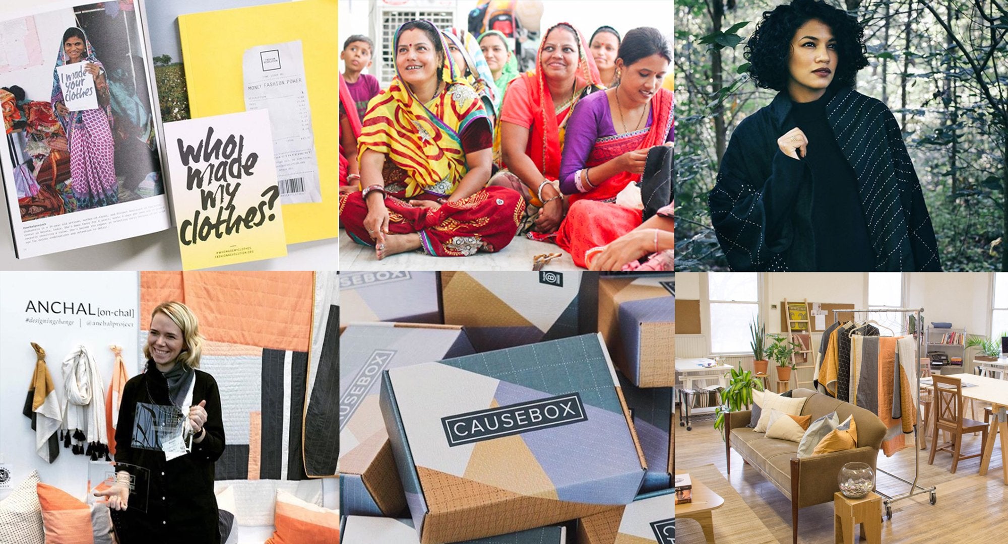 Collage of highlights from the year 2017 at Anchal including artisans, CauseBox collaboration, design patterns, and finished products