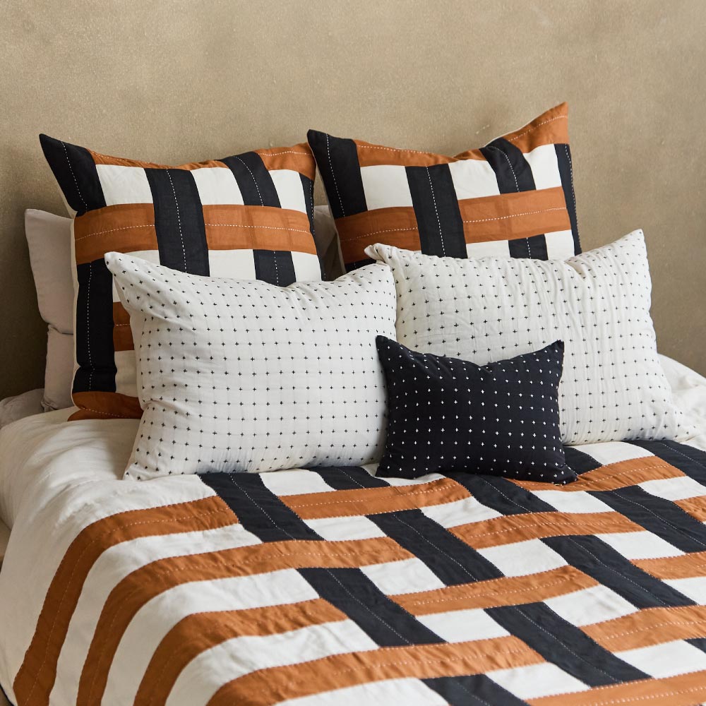 black, white and camel plaid bedding quilt with matching euro shams