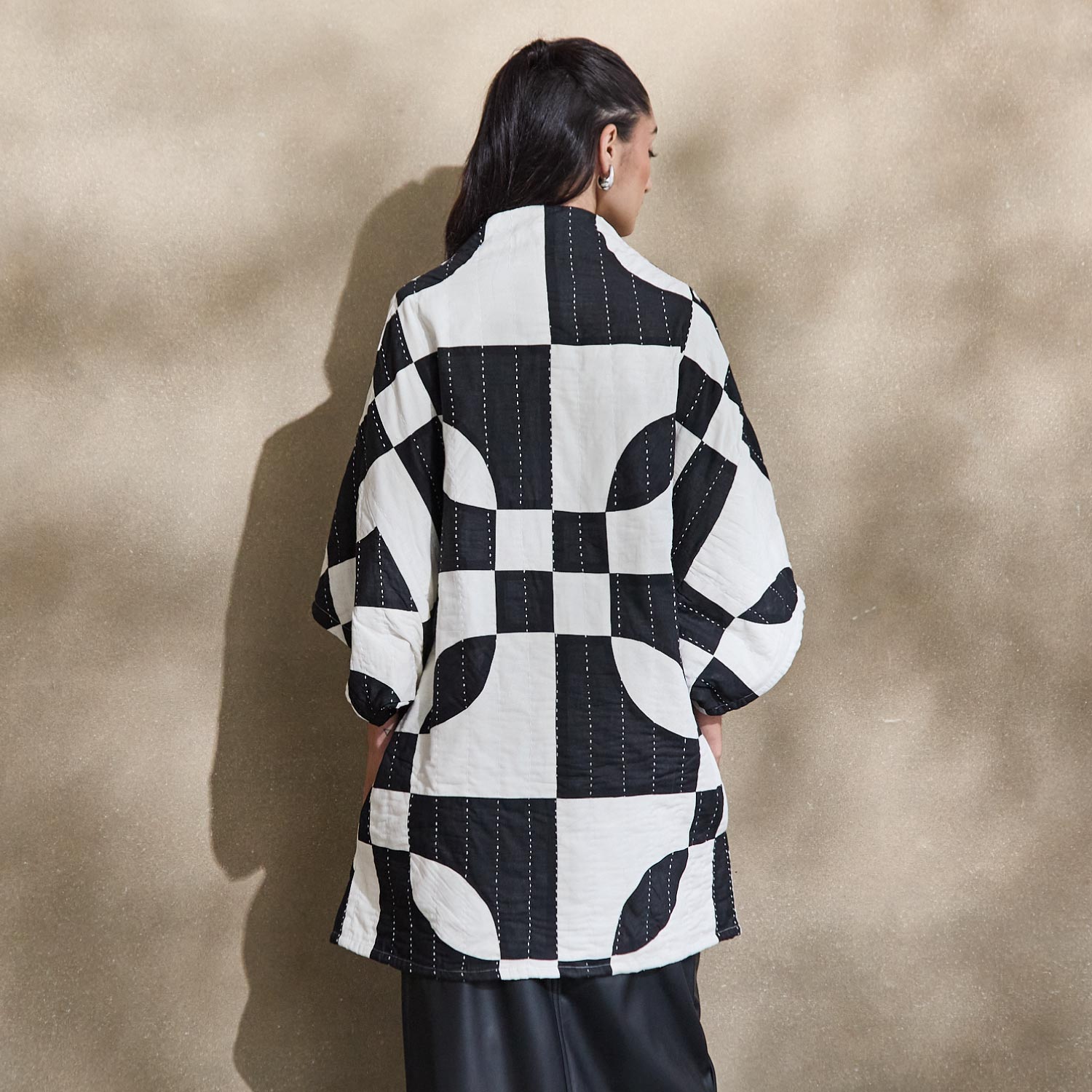 black and white quilted jacket in marquise pattern handmade in India from organic cotton