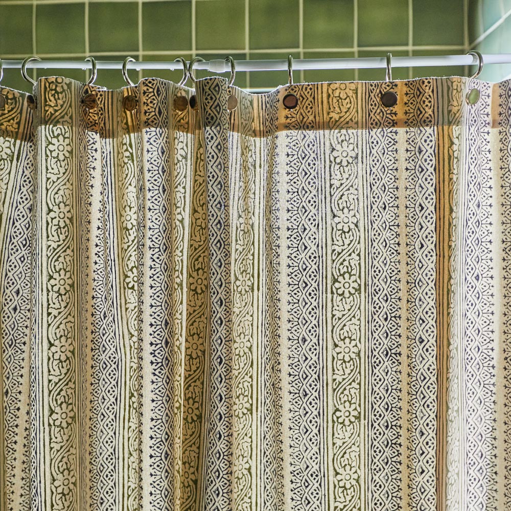 block print organic cotton shower curtain in navy blue and sage green vertical stripes handmade in India