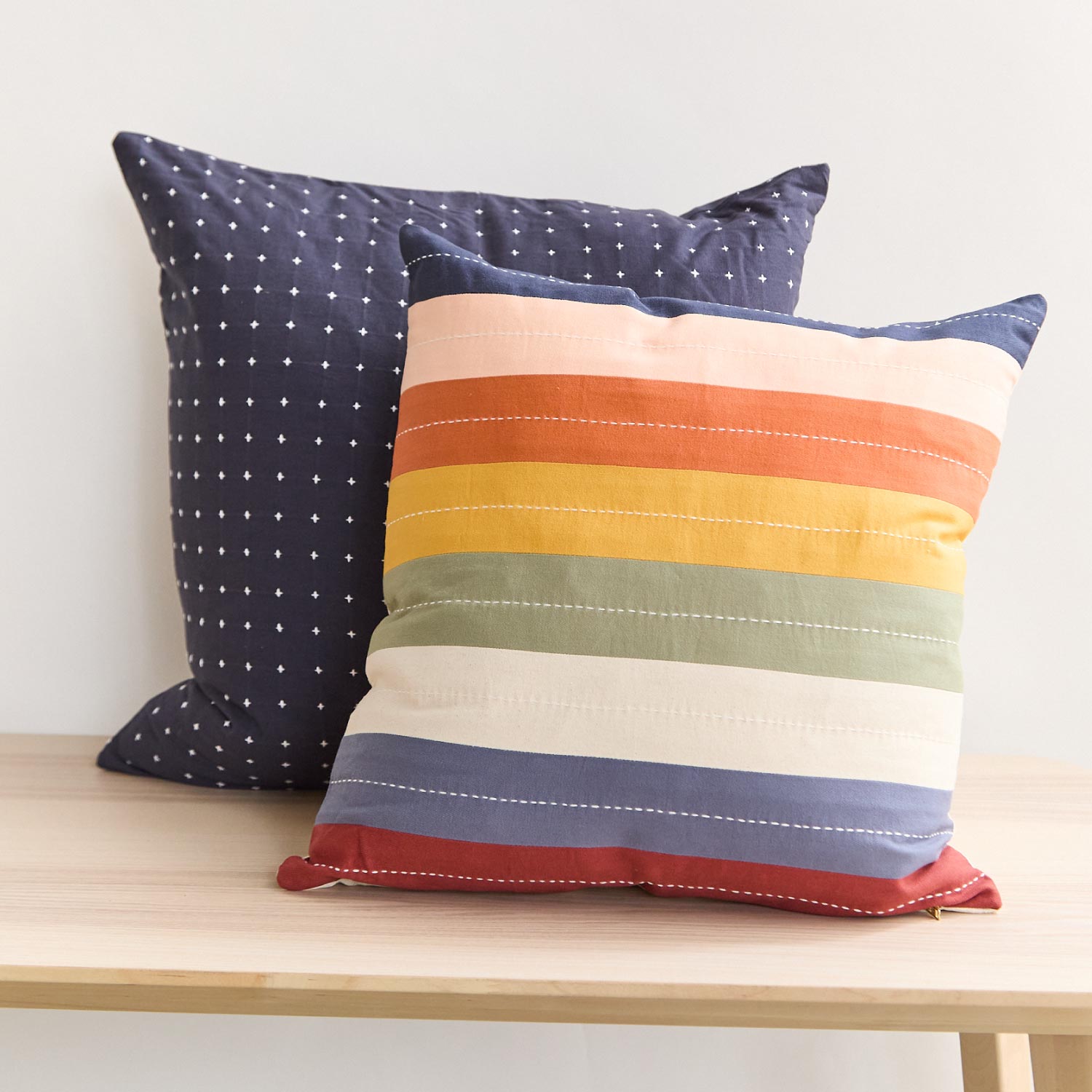 rainbow striped square pillow with hand-stitched embroidery & down feather pillow insert