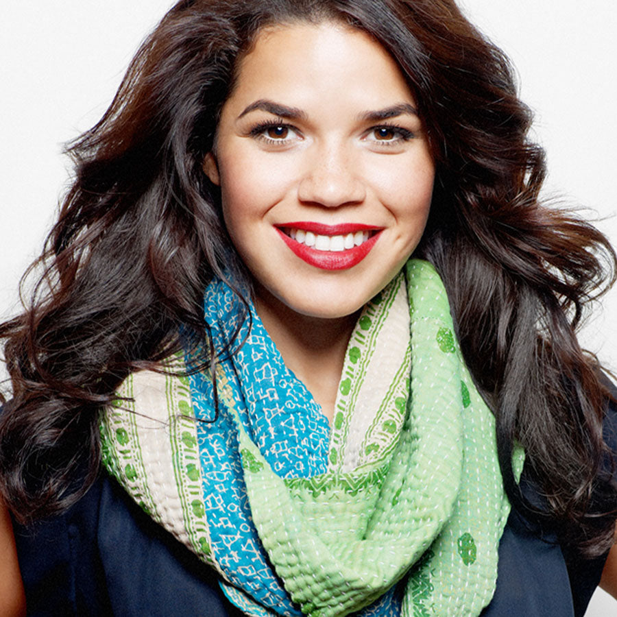 Anchal x America Ferrera wearing mixed pattern lime green kantha infinity scarf